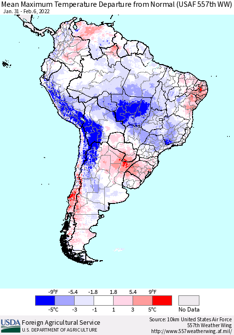 South America Mean Maximum Temperature Departure from Normal (USAF 557th WW) Thematic Map For 1/31/2022 - 2/6/2022