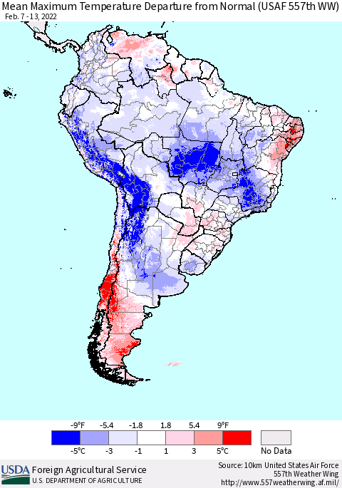 South America Mean Maximum Temperature Departure from Normal (USAF 557th WW) Thematic Map For 2/7/2022 - 2/13/2022