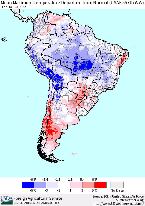 South America Mean Maximum Temperature Departure from Normal (USAF 557th WW) Thematic Map For 2/14/2022 - 2/20/2022