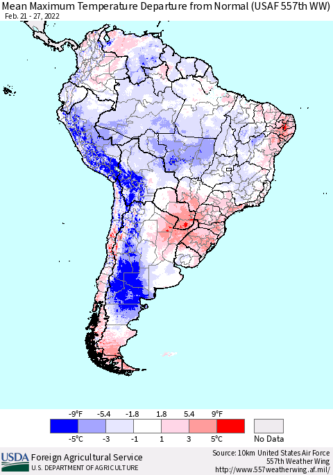 South America Mean Maximum Temperature Departure from Normal (USAF 557th WW) Thematic Map For 2/21/2022 - 2/27/2022
