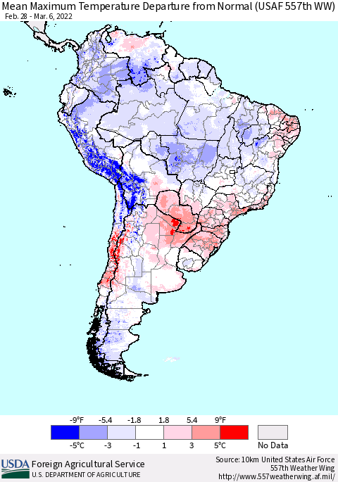 South America Mean Maximum Temperature Departure from Normal (USAF 557th WW) Thematic Map For 2/28/2022 - 3/6/2022