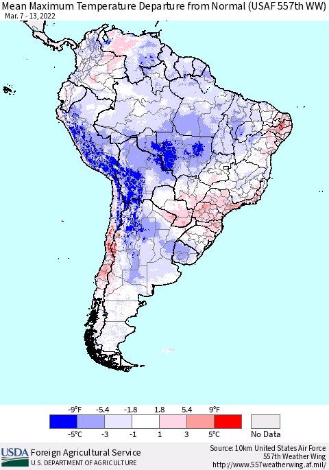 South America Mean Maximum Temperature Departure from Normal (USAF 557th WW) Thematic Map For 3/7/2022 - 3/13/2022