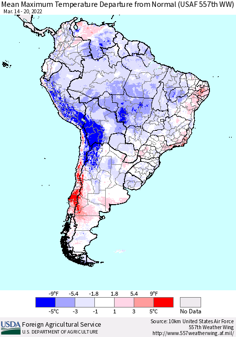 South America Mean Maximum Temperature Departure from Normal (USAF 557th WW) Thematic Map For 3/14/2022 - 3/20/2022