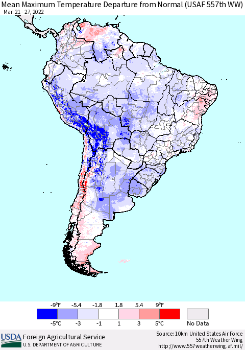 South America Mean Maximum Temperature Departure from Normal (USAF 557th WW) Thematic Map For 3/21/2022 - 3/27/2022