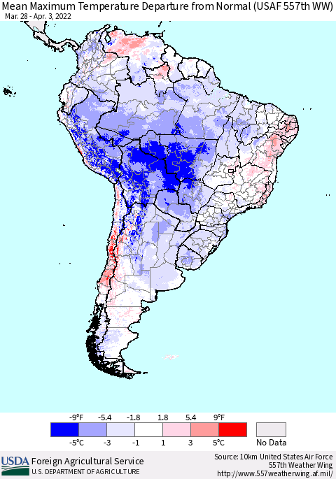 South America Mean Maximum Temperature Departure from Normal (USAF 557th WW) Thematic Map For 3/28/2022 - 4/3/2022