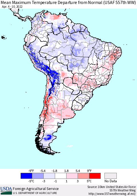 South America Mean Maximum Temperature Departure from Normal (USAF 557th WW) Thematic Map For 4/4/2022 - 4/10/2022