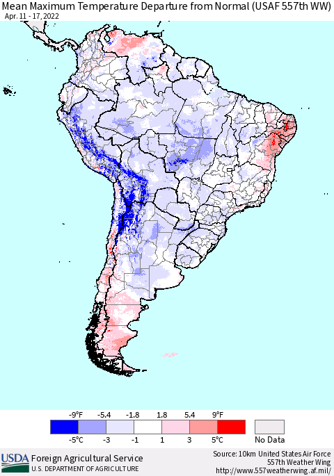 South America Mean Maximum Temperature Departure from Normal (USAF 557th WW) Thematic Map For 4/11/2022 - 4/17/2022