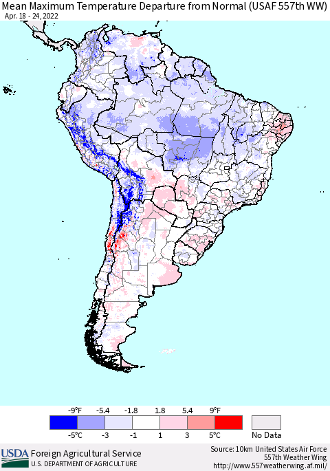South America Mean Maximum Temperature Departure from Normal (USAF 557th WW) Thematic Map For 4/18/2022 - 4/24/2022