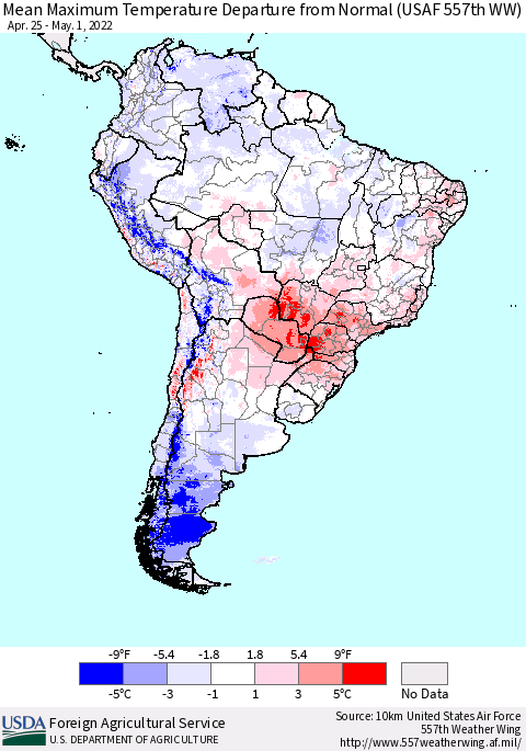 South America Mean Maximum Temperature Departure from Normal (USAF 557th WW) Thematic Map For 4/25/2022 - 5/1/2022