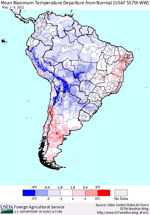 South America Mean Maximum Temperature Departure from Normal (USAF 557th WW) Thematic Map For 5/2/2022 - 5/8/2022