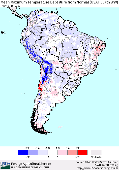 South America Mean Maximum Temperature Departure from Normal (USAF 557th WW) Thematic Map For 5/9/2022 - 5/15/2022