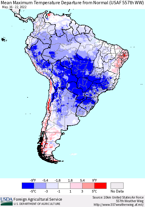 South America Mean Maximum Temperature Departure from Normal (USAF 557th WW) Thematic Map For 5/16/2022 - 5/22/2022