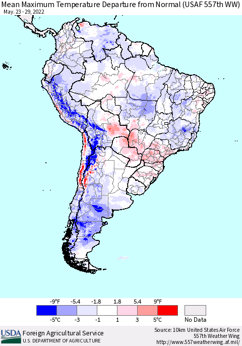 South America Mean Maximum Temperature Departure from Normal (USAF 557th WW) Thematic Map For 5/23/2022 - 5/29/2022