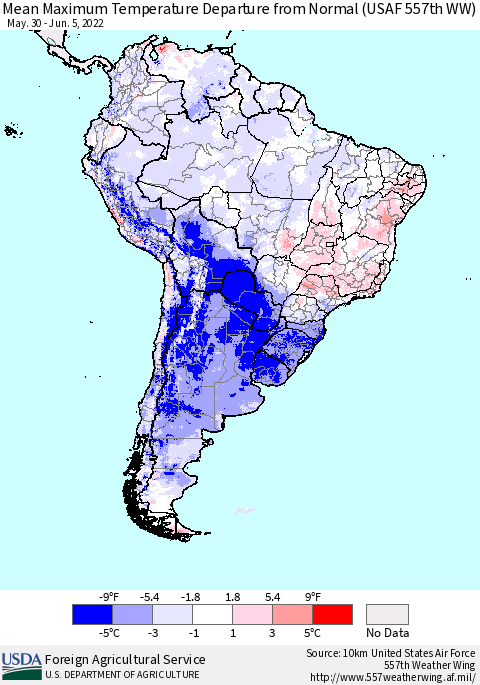 South America Mean Maximum Temperature Departure from Normal (USAF 557th WW) Thematic Map For 5/30/2022 - 6/5/2022