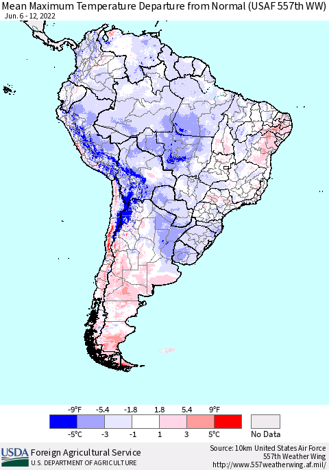 South America Mean Maximum Temperature Departure from Normal (USAF 557th WW) Thematic Map For 6/6/2022 - 6/12/2022