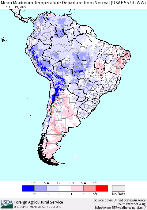 South America Mean Maximum Temperature Departure from Normal (USAF 557th WW) Thematic Map For 6/13/2022 - 6/19/2022