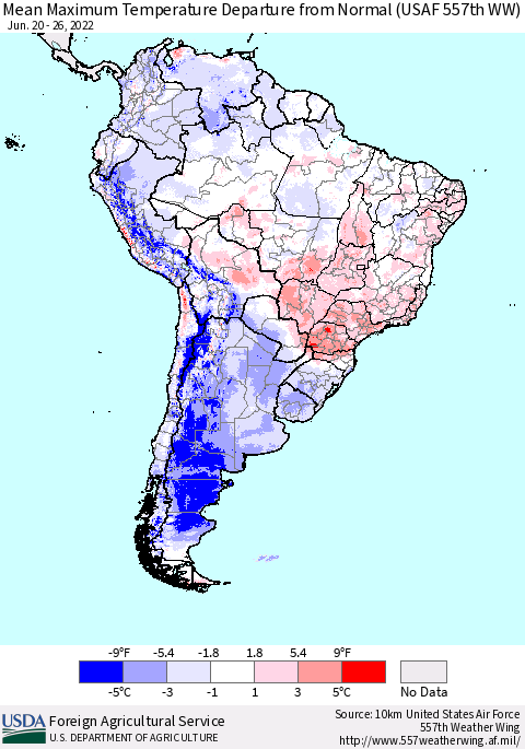 South America Mean Maximum Temperature Departure from Normal (USAF 557th WW) Thematic Map For 6/20/2022 - 6/26/2022