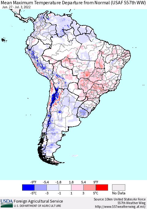 South America Mean Maximum Temperature Departure from Normal (USAF 557th WW) Thematic Map For 6/27/2022 - 7/3/2022