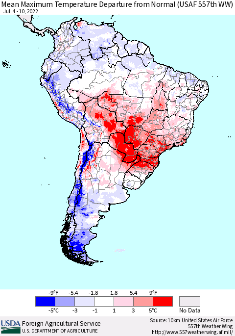 South America Mean Maximum Temperature Departure from Normal (USAF 557th WW) Thematic Map For 7/4/2022 - 7/10/2022