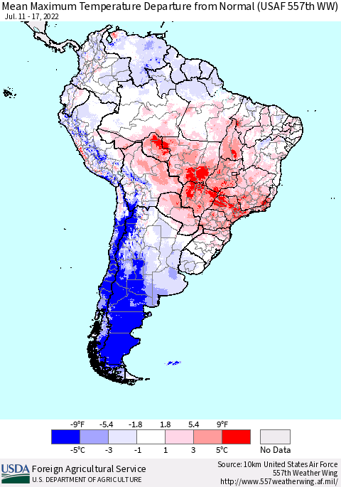 South America Mean Maximum Temperature Departure from Normal (USAF 557th WW) Thematic Map For 7/11/2022 - 7/17/2022