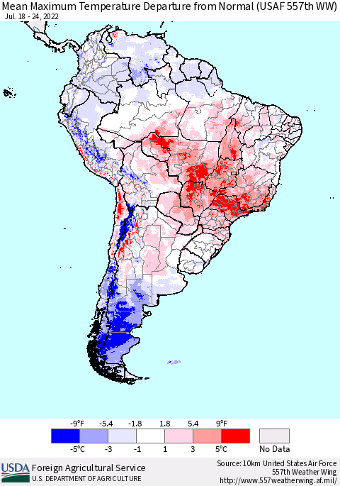 South America Mean Maximum Temperature Departure from Normal (USAF 557th WW) Thematic Map For 7/18/2022 - 7/24/2022