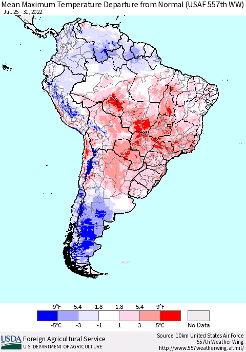 South America Mean Maximum Temperature Departure from Normal (USAF 557th WW) Thematic Map For 7/25/2022 - 7/31/2022