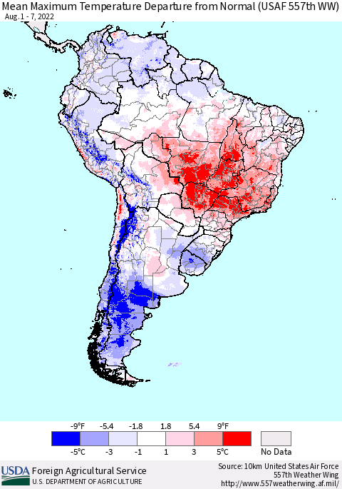 South America Mean Maximum Temperature Departure from Normal (USAF 557th WW) Thematic Map For 8/1/2022 - 8/7/2022