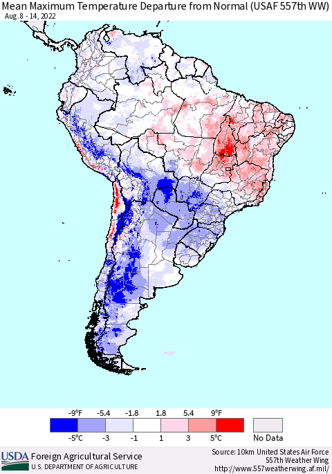 South America Mean Maximum Temperature Departure from Normal (USAF 557th WW) Thematic Map For 8/8/2022 - 8/14/2022
