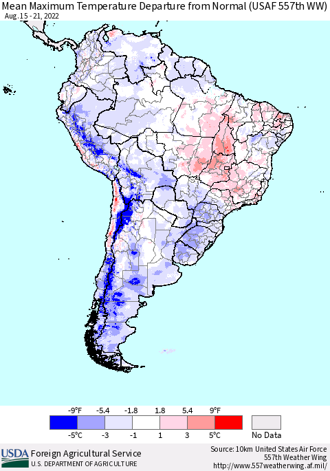 South America Mean Maximum Temperature Departure from Normal (USAF 557th WW) Thematic Map For 8/15/2022 - 8/21/2022