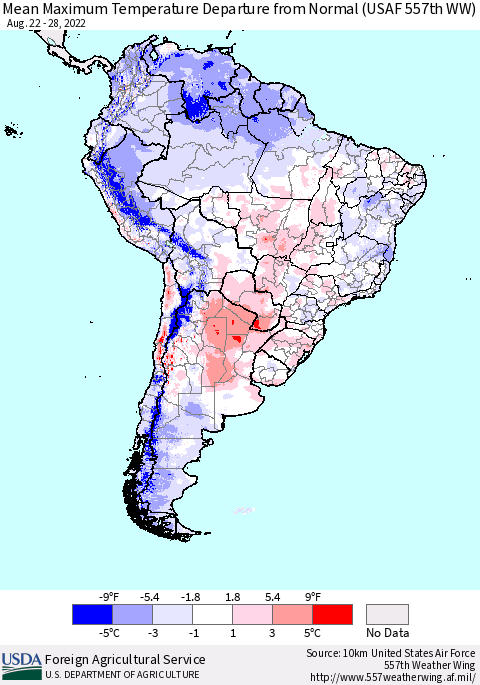 South America Mean Maximum Temperature Departure from Normal (USAF 557th WW) Thematic Map For 8/22/2022 - 8/28/2022