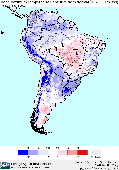 South America Mean Maximum Temperature Departure from Normal (USAF 557th WW) Thematic Map For 8/29/2022 - 9/4/2022