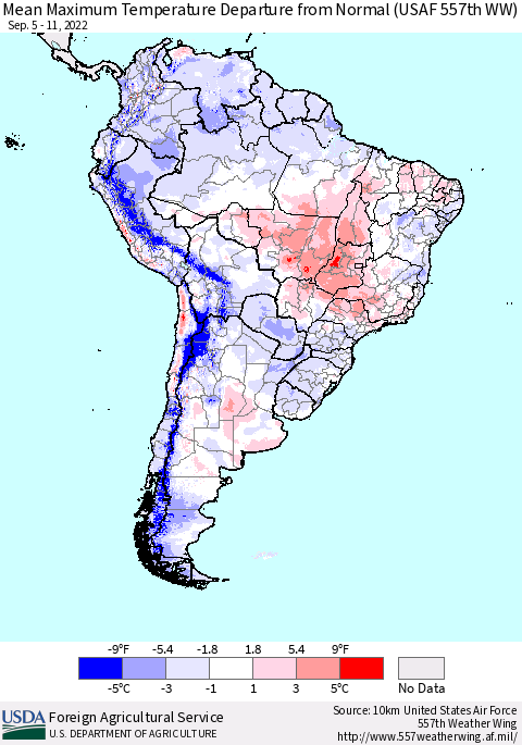 South America Mean Maximum Temperature Departure from Normal (USAF 557th WW) Thematic Map For 9/5/2022 - 9/11/2022