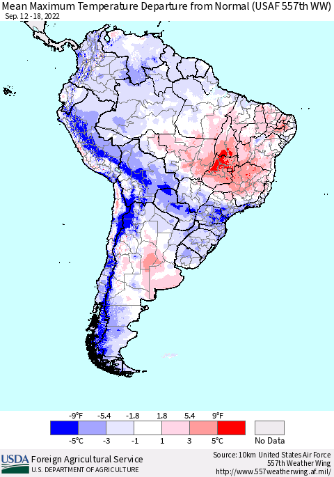South America Mean Maximum Temperature Departure from Normal (USAF 557th WW) Thematic Map For 9/12/2022 - 9/18/2022