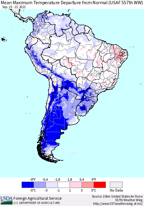 South America Mean Maximum Temperature Departure from Normal (USAF 557th WW) Thematic Map For 9/19/2022 - 9/25/2022