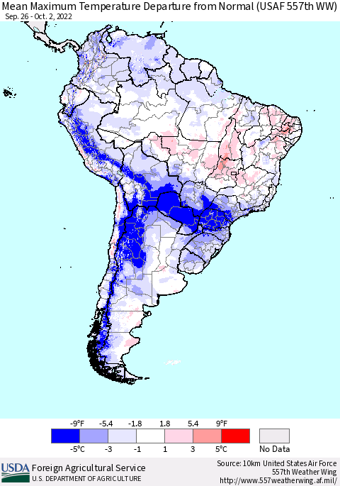 South America Mean Maximum Temperature Departure from Normal (USAF 557th WW) Thematic Map For 9/26/2022 - 10/2/2022
