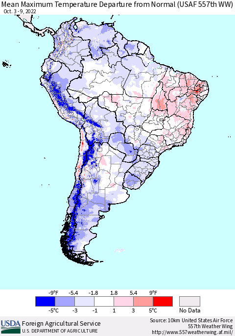 South America Mean Maximum Temperature Departure from Normal (USAF 557th WW) Thematic Map For 10/3/2022 - 10/9/2022