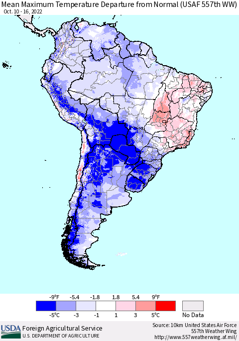 South America Mean Maximum Temperature Departure from Normal (USAF 557th WW) Thematic Map For 10/10/2022 - 10/16/2022
