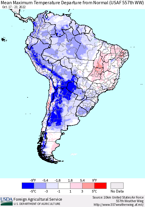 South America Mean Maximum Temperature Departure from Normal (USAF 557th WW) Thematic Map For 10/17/2022 - 10/23/2022