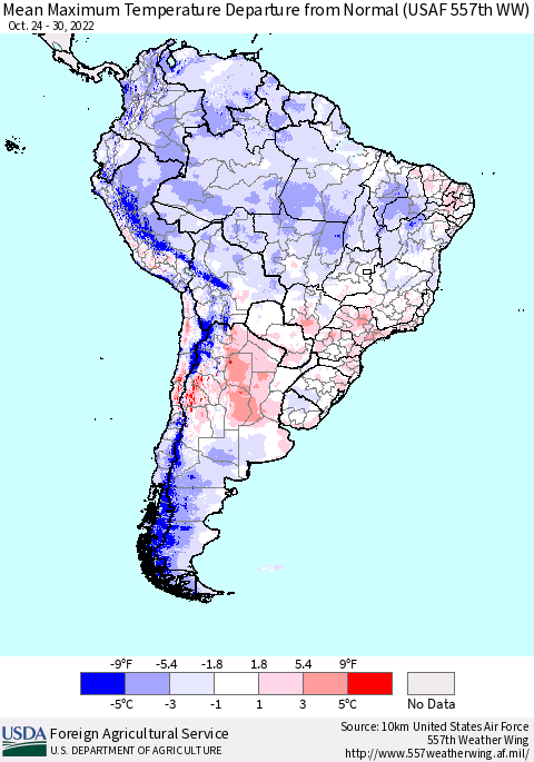 South America Mean Maximum Temperature Departure from Normal (USAF 557th WW) Thematic Map For 10/24/2022 - 10/30/2022
