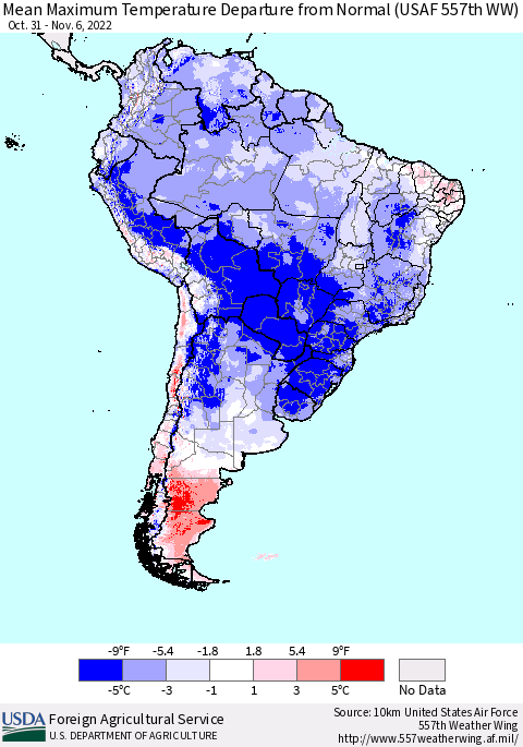 South America Mean Maximum Temperature Departure from Normal (USAF 557th WW) Thematic Map For 10/31/2022 - 11/6/2022