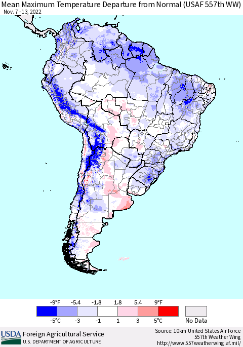 South America Mean Maximum Temperature Departure from Normal (USAF 557th WW) Thematic Map For 11/7/2022 - 11/13/2022