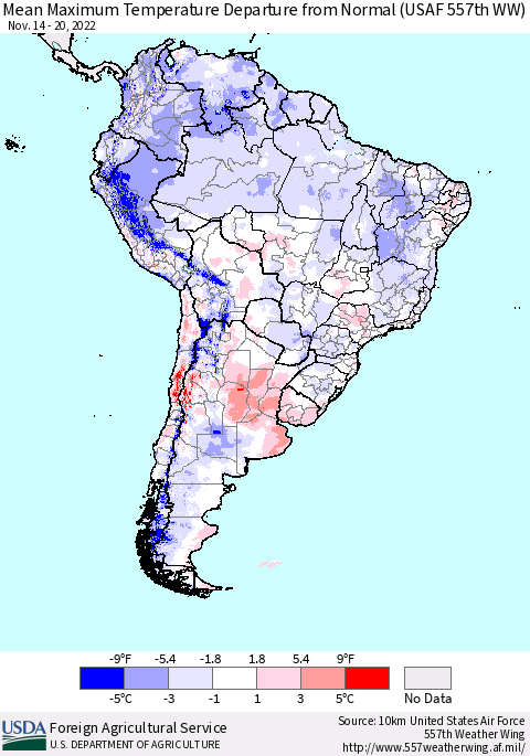 South America Mean Maximum Temperature Departure from Normal (USAF 557th WW) Thematic Map For 11/14/2022 - 11/20/2022
