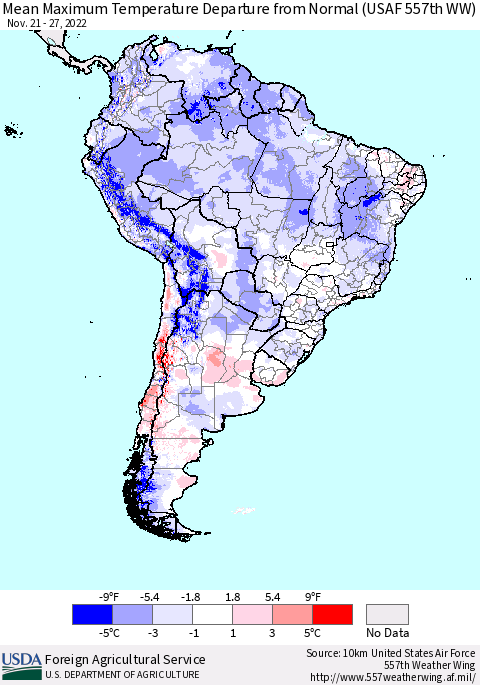 South America Mean Maximum Temperature Departure from Normal (USAF 557th WW) Thematic Map For 11/21/2022 - 11/27/2022
