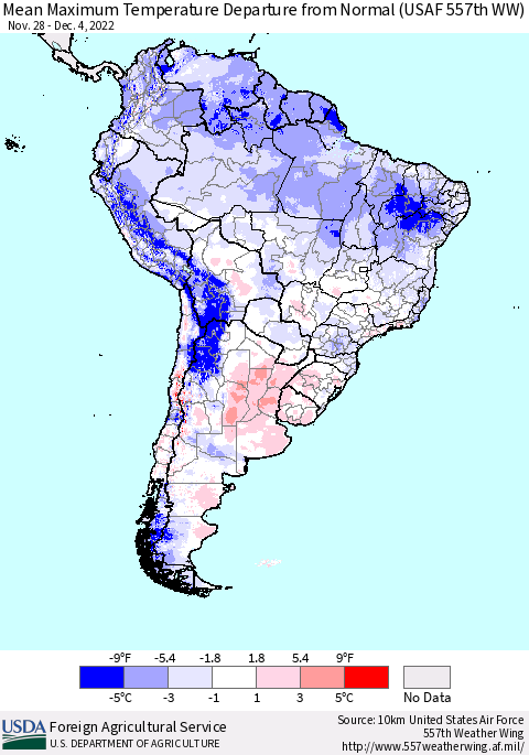 South America Mean Maximum Temperature Departure from Normal (USAF 557th WW) Thematic Map For 11/28/2022 - 12/4/2022