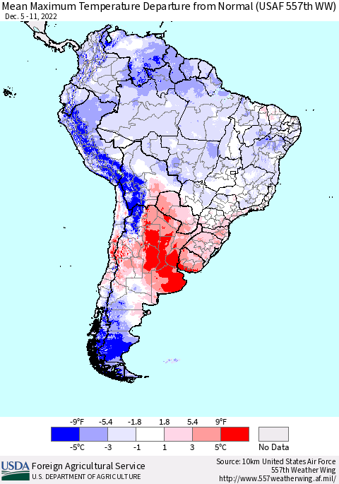 South America Mean Maximum Temperature Departure from Normal (USAF 557th WW) Thematic Map For 12/5/2022 - 12/11/2022