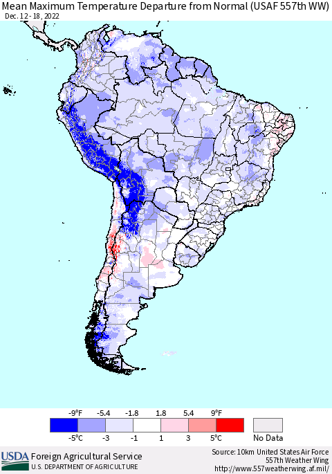 South America Mean Maximum Temperature Departure from Normal (USAF 557th WW) Thematic Map For 12/12/2022 - 12/18/2022