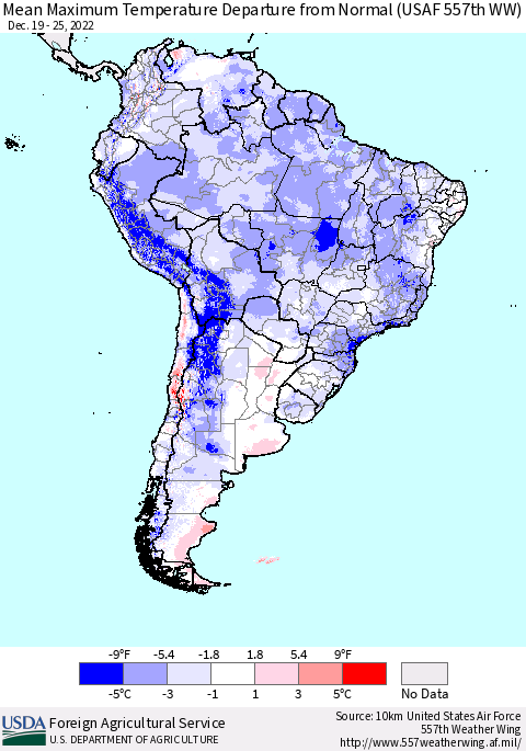 South America Mean Maximum Temperature Departure from Normal (USAF 557th WW) Thematic Map For 12/19/2022 - 12/25/2022