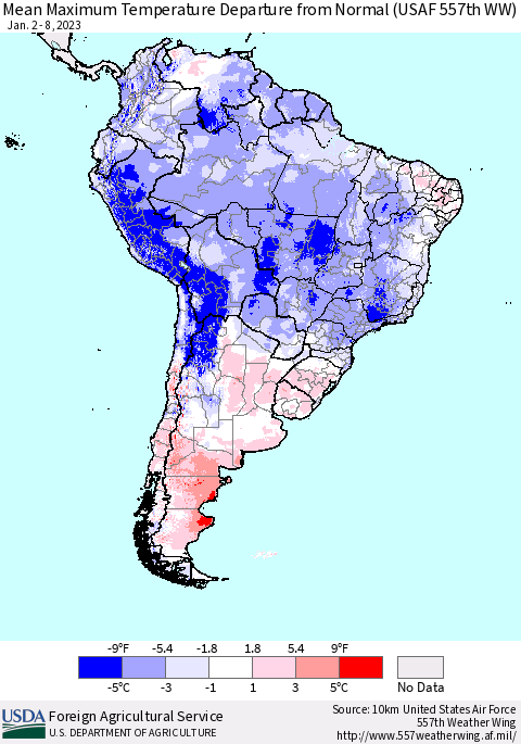South America Mean Maximum Temperature Departure from Normal (USAF 557th WW) Thematic Map For 1/2/2023 - 1/8/2023