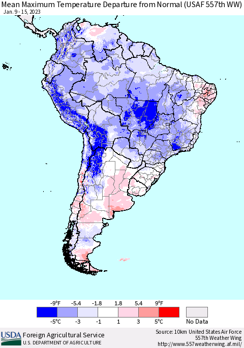 South America Mean Maximum Temperature Departure from Normal (USAF 557th WW) Thematic Map For 1/9/2023 - 1/15/2023