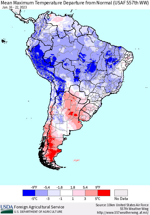 South America Mean Maximum Temperature Departure from Normal (USAF 557th WW) Thematic Map For 1/16/2023 - 1/22/2023
